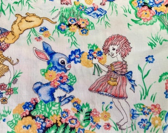 Novelty Print Fabric Rabbits Dogs Cat Boys Girls 2/3 Yard Cotton Vintage Sewing Crafting