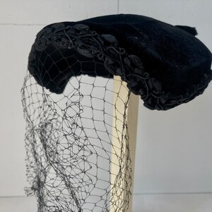 Black Velvet Ladies Hat with Veil Headpiece Bow Accent Vintage Clothing Accessories at Quilted Nest