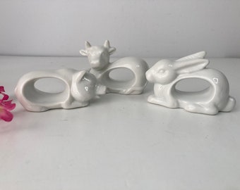 Choice 1 Animal Napkin Ring Japan All White Porcelain Pig Cow Rabbit Vintage Dining