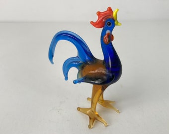 Miniature Rooster Blown Glass Blue Amber Colored Chicken Vintage Decor