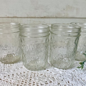 4 Vintage Ball Jelly Canning Jars Quilted Crystal Embossed Label Space Kitchen Clear Storage