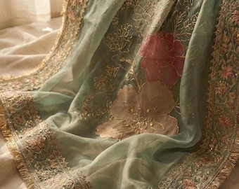 Sea Green Bridal Nikkah Dupatta – Floral Hand Painted Applique with Naqshi Embroidery, Wedding Dupatta, Engagement Dupatta