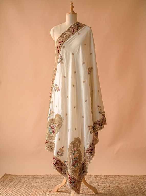 White Silk Bridal Shawl with Zardozi Embroidery, Luxury Paisley Wedding Wrap, Designer Bridal Stole, Formal Embroidered Shawl