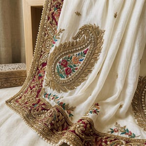 May include: An off-white fabric drape featuring a wide, deep magenta border adorned with intricate gold metallic embroidery, floral motifs, and small white pearls along the edge. A large, detailed gold paisley pattern sits prominently on the fabric.