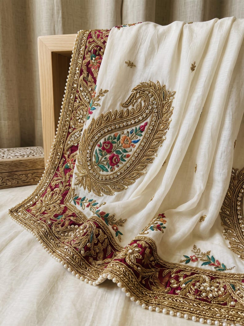 May include: An off-white fabric drape featuring a wide, deep magenta border adorned with intricate gold metallic embroidery, floral motifs, and small white pearls along the edge. A large, detailed gold paisley pattern sits prominently on the fabric.