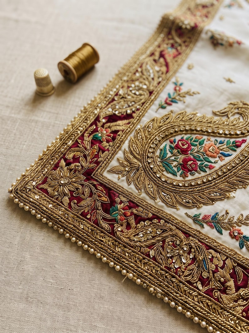 May include: A white fabric panel featuring intricate gold metallic embroidery, a deep maroon border, and colorful floral motifs. The edge is finished with small white beads. A gold thimble and a spool of gold thread are placed nearby.