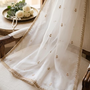Bridal Ivory White Sheer Organza Dupatta with Full Handmade Zardozi Embroidery: Wedding Veil, Nikkah Dupatta, Bridal Shawl