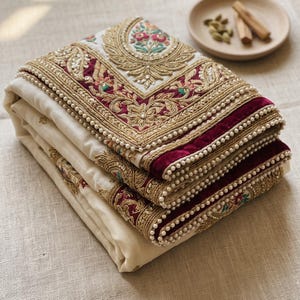 May include: A folded cream-colored textile featuring a wide border of deep maroon velvet, intricate gold metallic embroidery, and floral motifs in pink and green. The edges are finished with a delicate trim of small white pearls throughout.