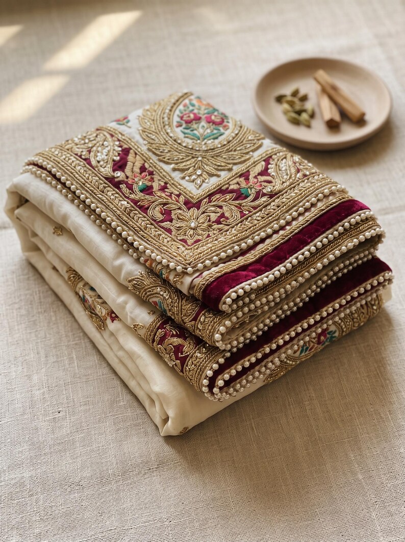 May include: A folded cream-colored textile featuring a wide border of deep maroon velvet, intricate gold metallic embroidery, and floral motifs in pink and green. The edges are finished with a delicate trim of small white pearls throughout.