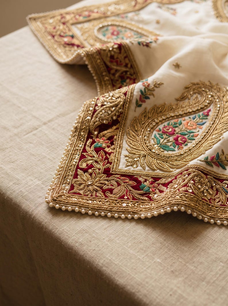 May include: An off-white fabric runner featuring intricate gold metallic embroidery, deep red velvet borders, and colorful floral motifs. The edges are adorned with small white beads, creating a textured and ornate decorative textile piece.
