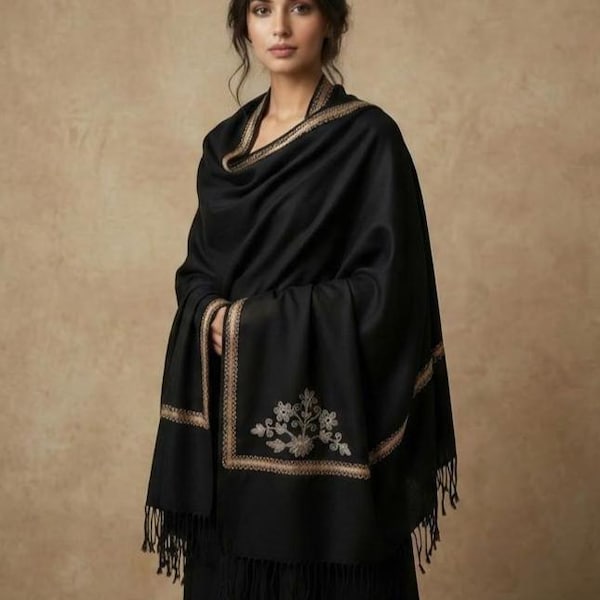 Black Wool Shawl with Embroidery – Warm Winter Wrap for Women – Elegant Scarf