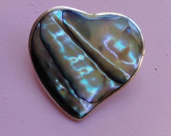 Abalone Heart Brooch Pin  Alpaca Silver Mexico Wedding Jewelry