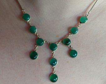 18" Green Glass Bead and Sterling Bib Necklace Choker