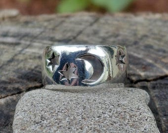 Size 6.75 Vintage Celestial Ring Sterling Moon Star Sun Cutout Mexico 925 Wide Chunky NOT Tapered Crescent Moon Ring Star and Moon Ring