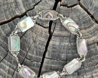 7" Vintage Abalone Sterling Rectangle Link Tennis Bracelet Pre 1965 Signed MPB Mexico Sterling 925