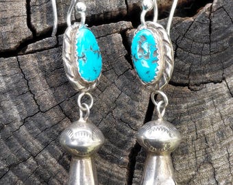 Gorgeous Vintage Turquoise and Squash Blossom Sterling Earrings w New Sterling Wires