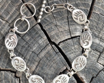 7.75" Signed DD Vintage Bear Paw and Moons Sterling Overlay Link Bracelet Sterling Native American Bracelet