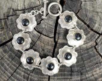 6.75" Vintage Taxco Black Onyx Link Sterling Bracelet Heavy Chunky Sterling Flower Tennis Bracelet