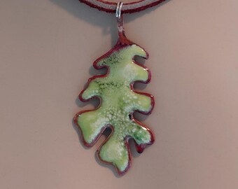 Vintage Copper and Green Enamel Fern Pendant Green Enamel and Copper Leaf Pendant with Leather Lace Oak Leaf Pendant