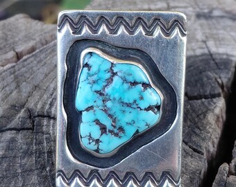 Size 8.50+ Vintage Turquoise Native American Sterling Ring Hand Stamped Blanket Design Hand Made
