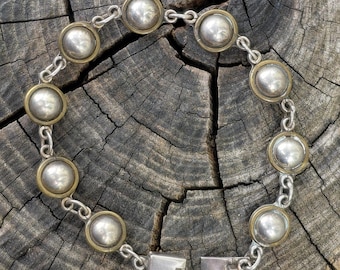 7.75" Vintage Taxco Sterling and Brass Dome Dot Link Tennis Bracelet