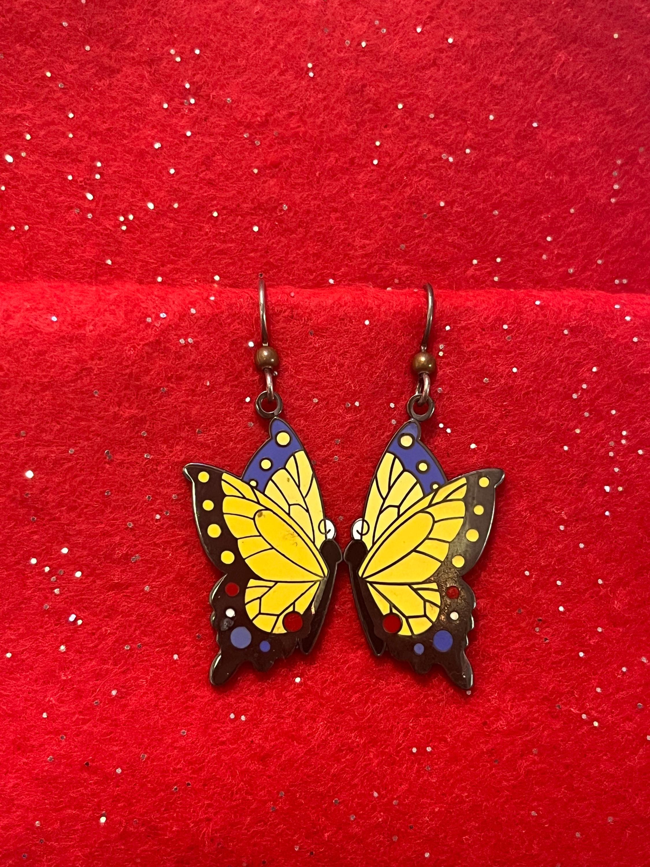 Boucles D'Oreilles Papillon Et Fleur En Émail - Argenté Avec Fermoir Leverback