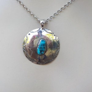 1.5&quot; Big Vintage Nickel Silver Concho Brass and Turquoise Pendant Turquoise Handmade Concho Signed LMA Bigger than a Silver Dollar