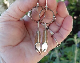 Clemens Eagle Smudge Feather Earrings Vintage Sterling and Copper Handmade Eagle and Hoop Earrings