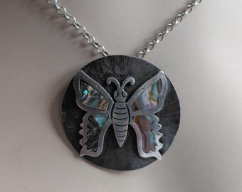 Vintage Taxco Sterling Abalone Butterfly Medallion Pendant Hallmarked 925 Chain Not Included