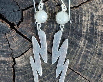 3"+ Long Taxco Lightning Bolt Sterling Moonstone Earrings Lightning Earrings Moonstone Earrings Taxco Earrings Cloud Raincloud Earrings