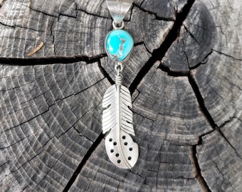 3.25" Gorgeous Navajo Darrell Yonnie Turquoise Sterling Smudge Feather Pendant with Large Bail (pendant only, no chain)