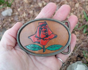 Vintage Red Rose Belt Buckle Leather Hand Tooled Vintage Brass Belt Buckle