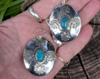 1.75" Large Vintage Harvey Bear Track Turquoise Earrings Native American Navajo Harvey Bear Track Silver Pre-65 Quarters Hand Stamped Oval