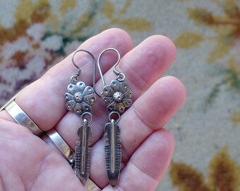 Native American Flower and Feather Sterling Earrings Hand Stamped Signed LS