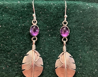 Fine Vintage Native American Dine' Navajo Lena Platero Vintage Smudge Feather and Amethyst Sterling Earrings