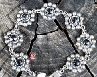 7.5" Vintage Taxco Black Onyx Link Sterling Bracelet Heavy Chunky Sterling Flower Tennis Bracelet