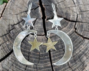 3"+ Long Vintage Taxco Sterling Crescent Moon w Brass Stars Earrings Signed TD-45 Large Celestial Hippie Gypsy Taxco Mexico Earrings Witchy