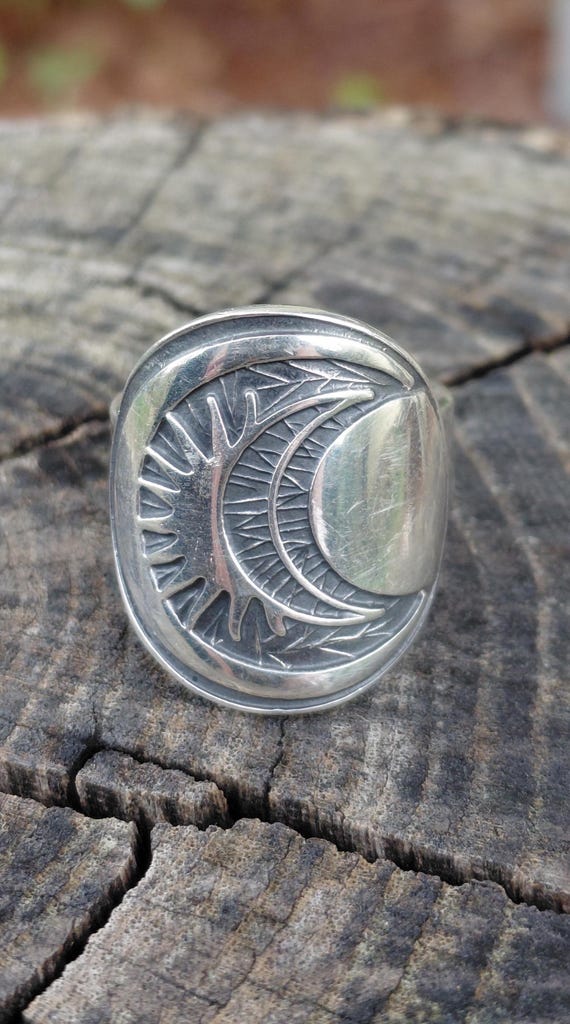 Size 7.75 Vintage Celestial Star Crescent Moon Earth Sun Sterling Celestial Crescent Moon Sun Star Ring (LIGHTER)