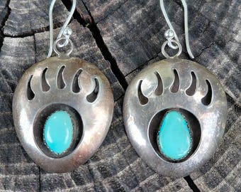 1.25" Vintage Bear Paw Turquoise Sterling Earrings Native American Mama Bear Earrings