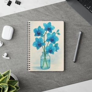 Blue Orchid Softcover Notebook | A5 Lined Journal | Elegant Floral Stationery Gift