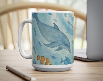 Aquarel oceaanmok – Nautische drinkgerei dolfijn en vis