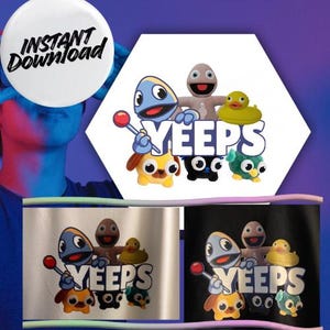 Puede incluir: Gráfico de descarga digital con la palabra "YEEPS" y personajes de dibujos animados, incluyendo una criatura de ojos azules, una figura sonriente, un pato amarillo y otras figuras con forma de animales. También incluye el texto "DESCARGA INSTANTÁNEA".