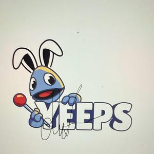 May include: A blue cartoon bunny with large ears holding a red lollipop. The bunny is holding a sign that says "YEEPS".