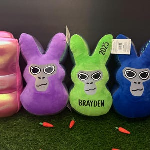 May include: Four plush bunny-shaped cushions with different colours and personalised names. The cushions are pink, purple, green, and blue. The green cushion has the name "Brayden" and the year "2023" on it.