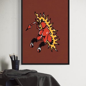 Tattoo Flash Digital Print, Devil’s Flaming Legs Poster, Old School Tattoo Wall Art, Bold Retro Ink-Inspired Illustration
