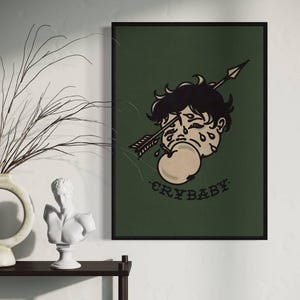 Póster digital con ilustración de bebé llorón, impresión de tatuajes pop art, decoración de pared estilo emo, ilustración retro de dibujos animados llorando.