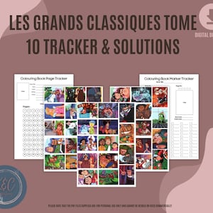 Op de afbeelding: Een printbare set van 10 kleurboektrackers en oplossingen voor Les Grands Classiques. De trackers bevatten een raster met vierkanten om voltooide pagina's te markeren en een sectie om boektitels en paginanummers vast te leggen. De oplossingen omvatten een collage van afbeeldingen uit de kleurboeken.