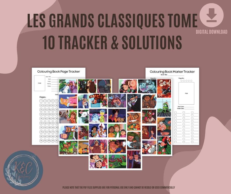 May include: A printable set of 10 colouring book trackers and solutions for Les Grands Classiques. The trackers feature a grid of squares for marking completed pages and a section for recording book titles and page numbers. The solutions include a collage of images from the colouring books.