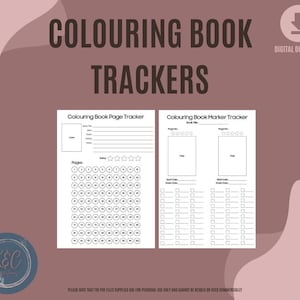 May include: Printable colouring book trackers for keeping track of pages completed and markers used. The trackers include a page tracker with a grid of 100 circles and a marker tracker with two sections for recording marker usage.
