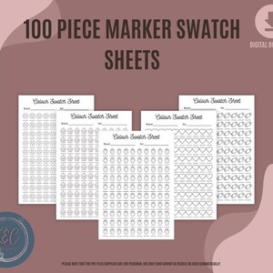 May include: Four printable marker swatch sheets with different designs: flowers, cupcakes, strawberries, and hearts. Each sheet has 100 spaces for color swatches. The text "100 Piece Marker Swatch Sheets" and "Colour Swatch Sheet" is visible on the sheets.